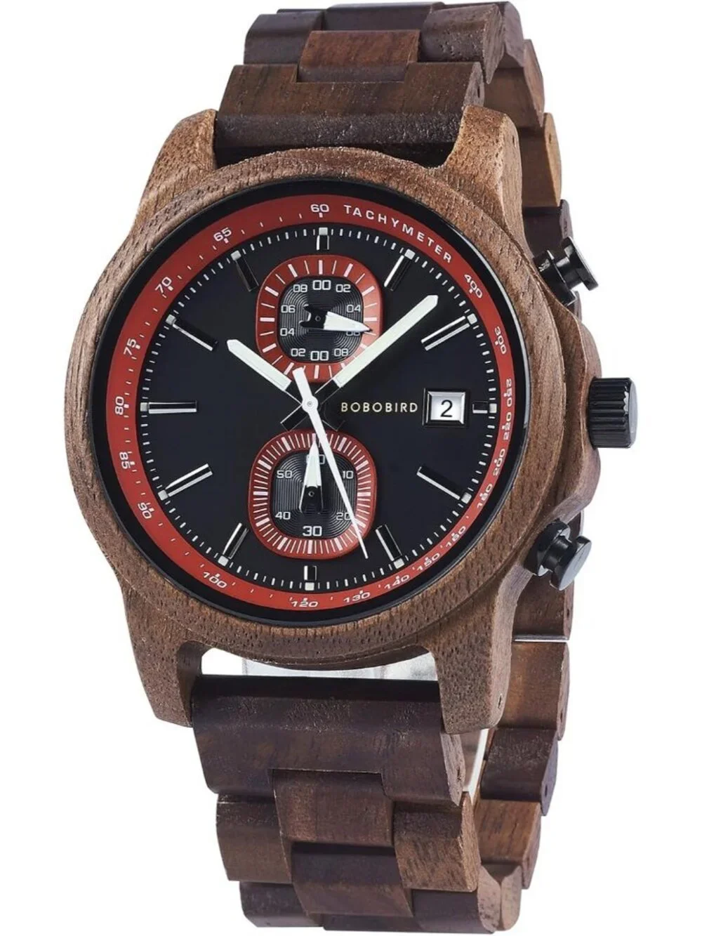 Men's Red Analog Quartz Ultra-Light Luminous Chronograph Casual Wooden Watch